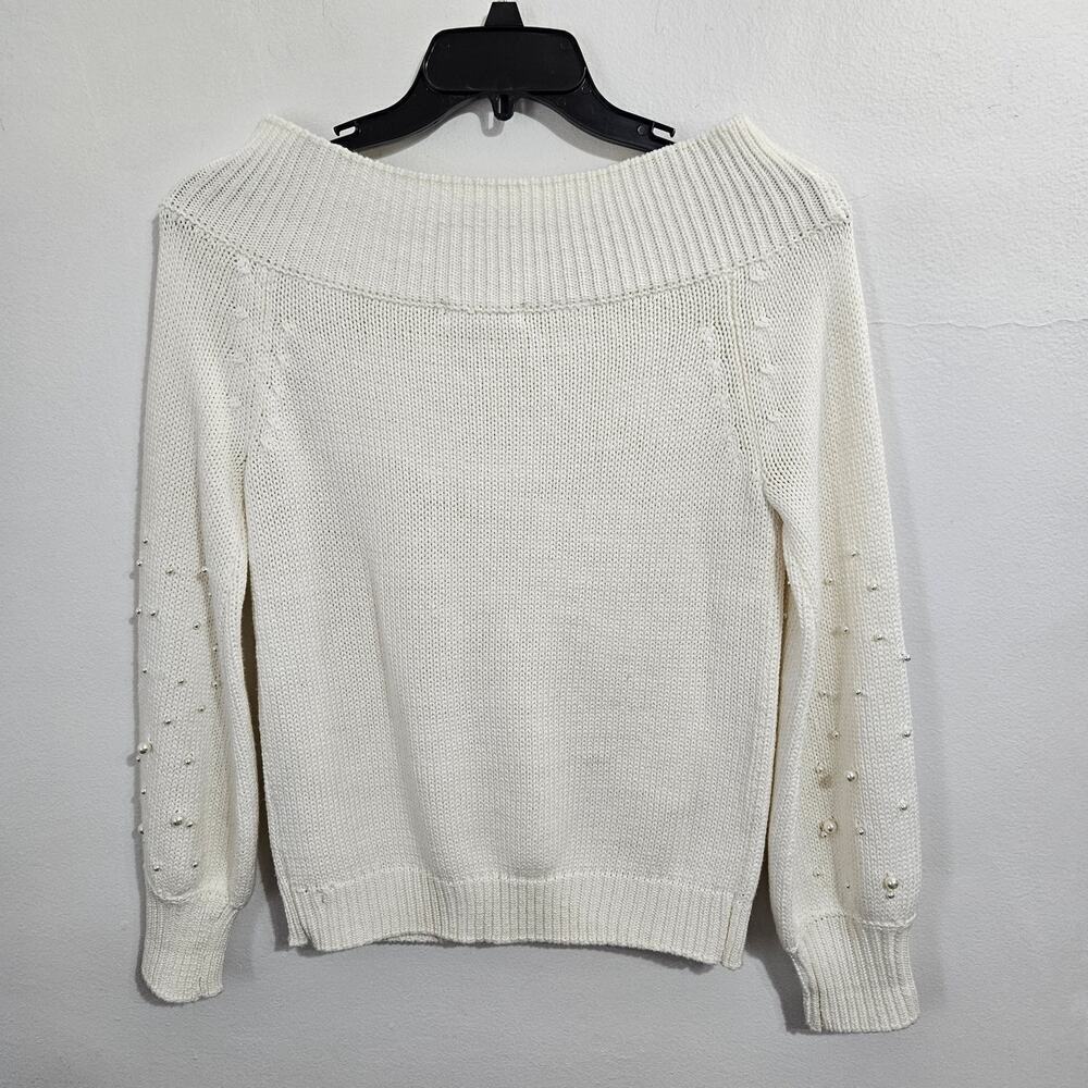 Elan Cream Balloon Sleeve Off the Shoulder  Sweater. Pearls on sleeves. Size S - Picture 2 of 6